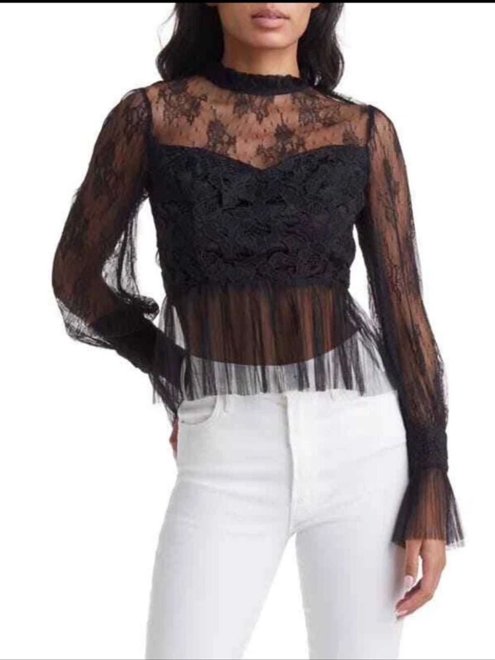 VICI Black Pleated Lace Peplum Blouse Size Medium - Picture 1 of 6